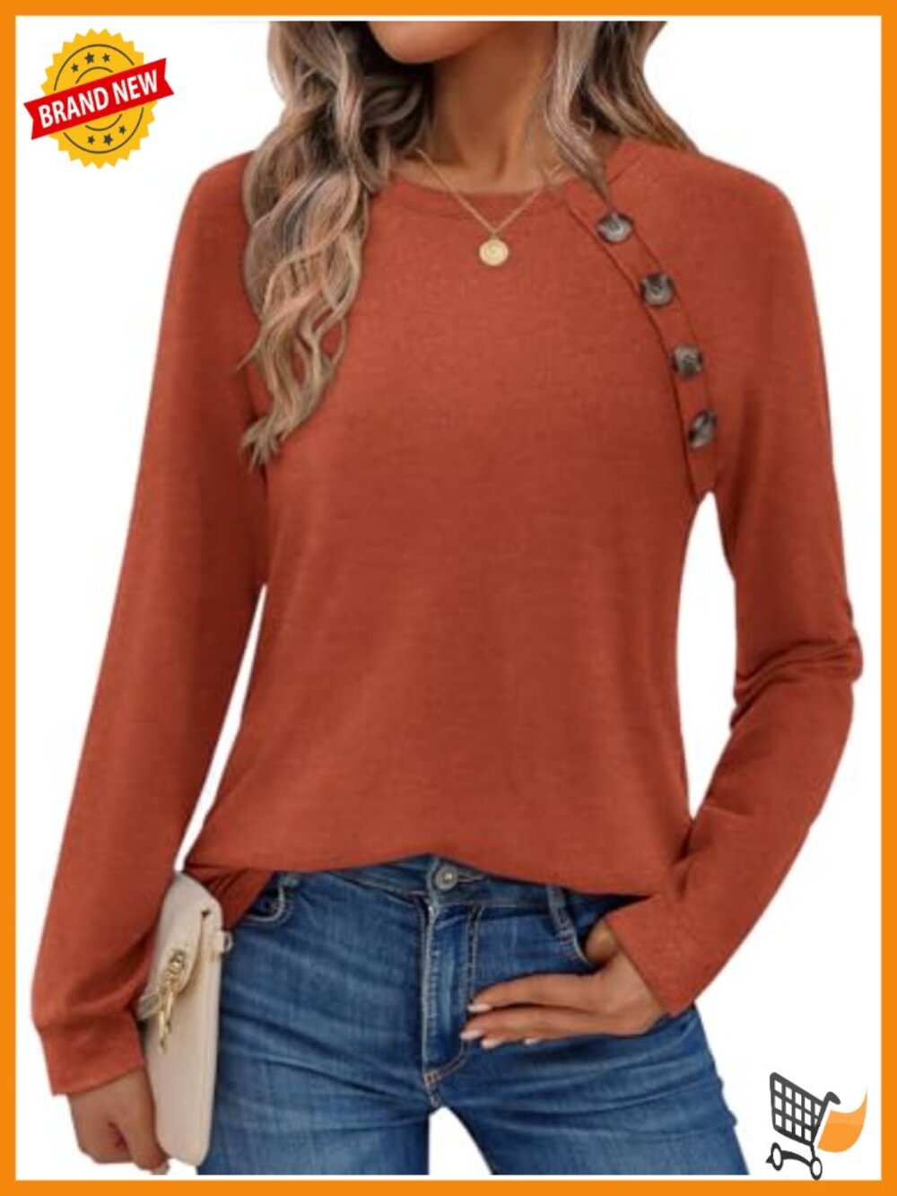 Womens Long Sleeve Tunic Top Round Neck Button Decor Split Hem Fall Blouse